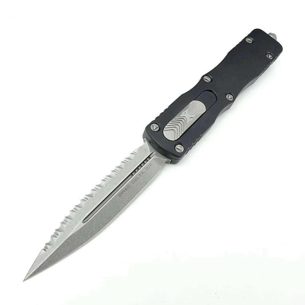 All Knife Brands Microtech 227-12 Dirac Delta D/E - Black Handle - Stonewashed Full Serration