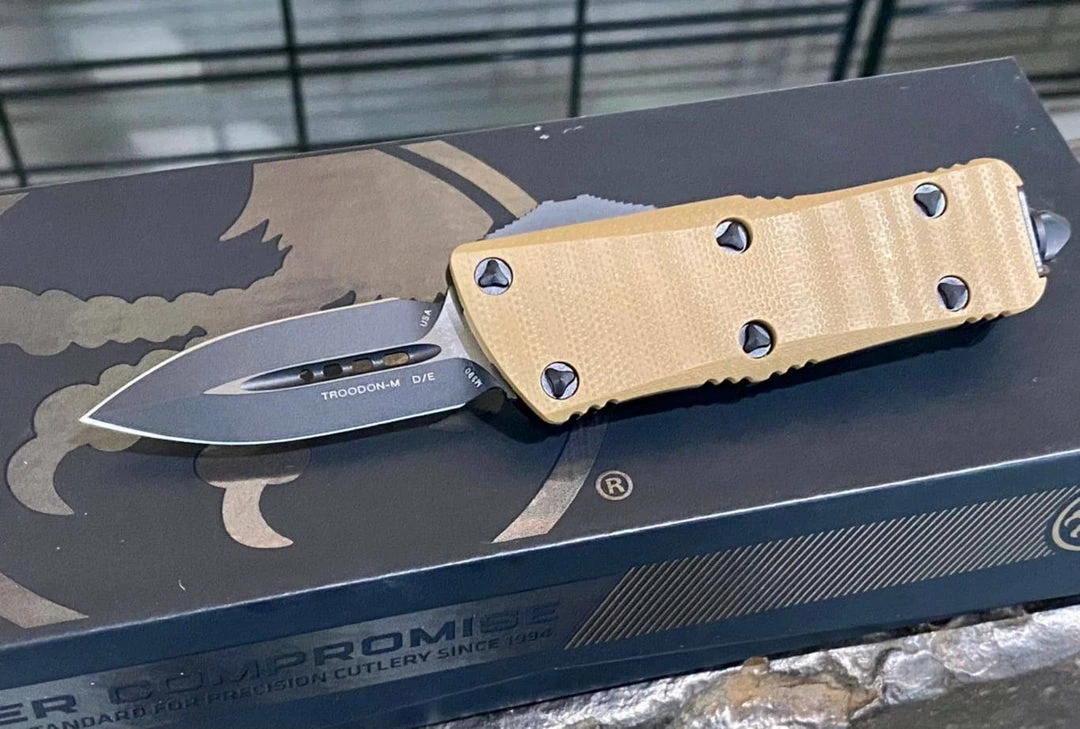 All Knife Brands Microtech 238-1GTTAS Troodon Mini 1.99" D/E SS Tan G10 OTF Auto Knife