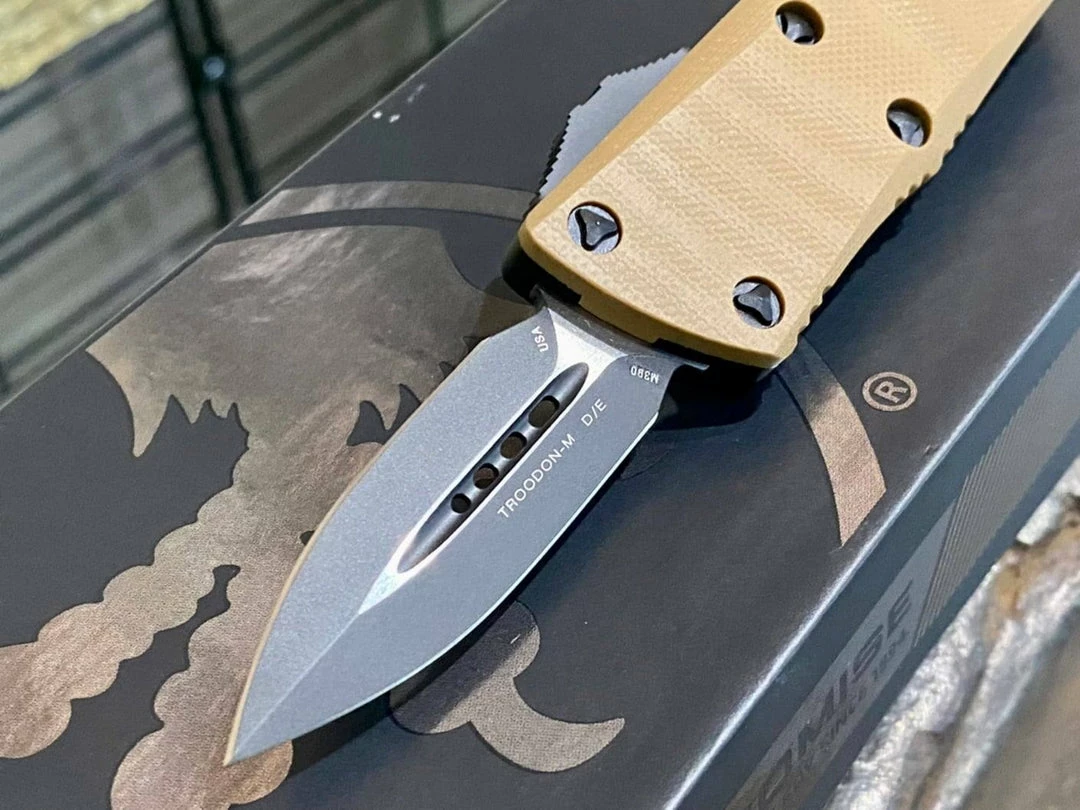 All Knife Brands Microtech 238-1GTTAS Troodon Mini 1.99" D/E SS Tan G10 OTF Auto Knife