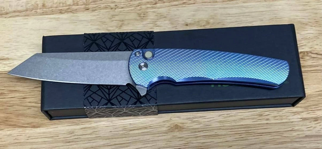 PROTECH KNIVES Pro-Tech Malibu 5241 Blue Titanium Custom Reverse Tanto Flipper